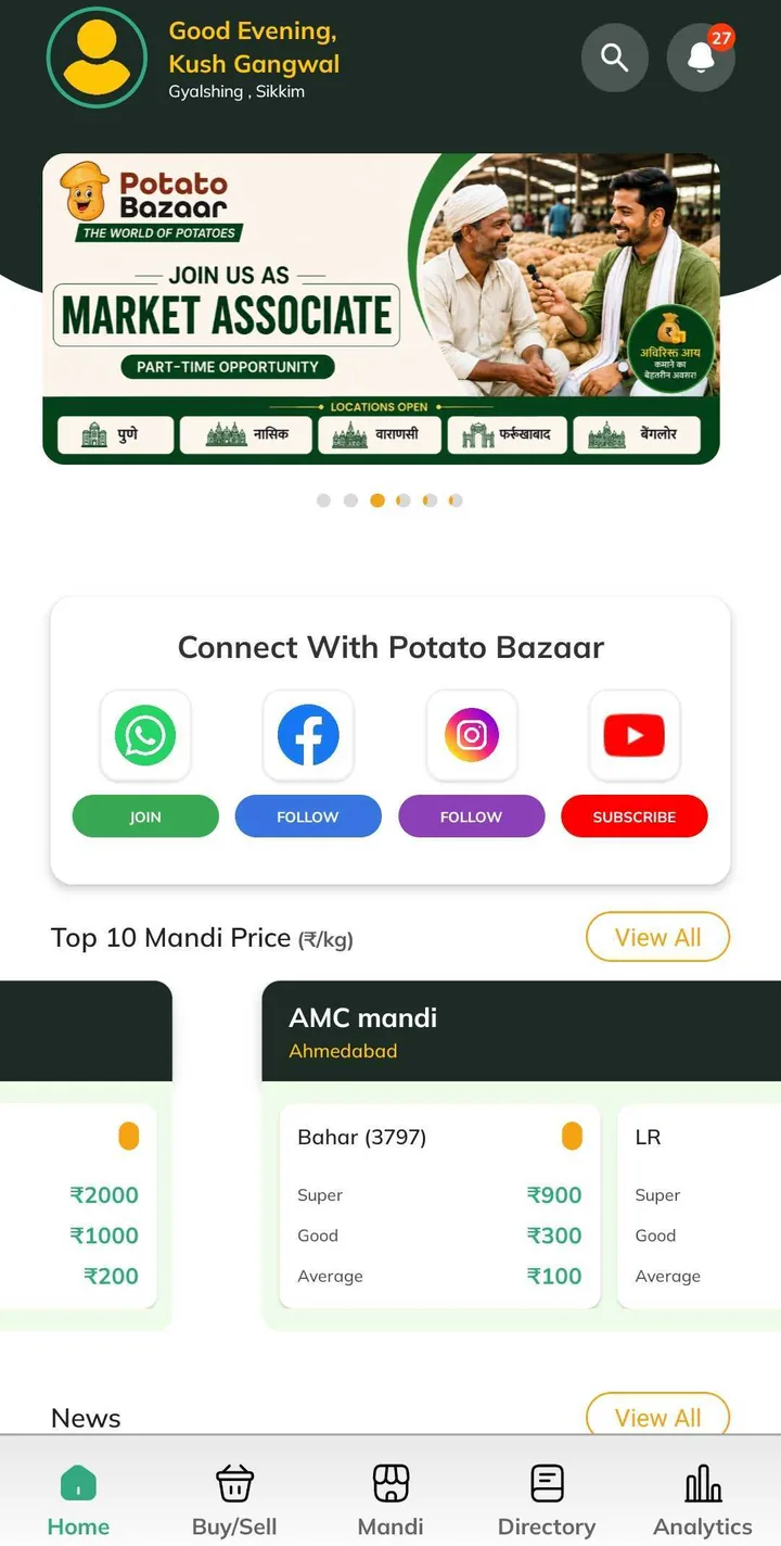 Potato Bazaar home screen showing the Market Associate banner above live mandi prices