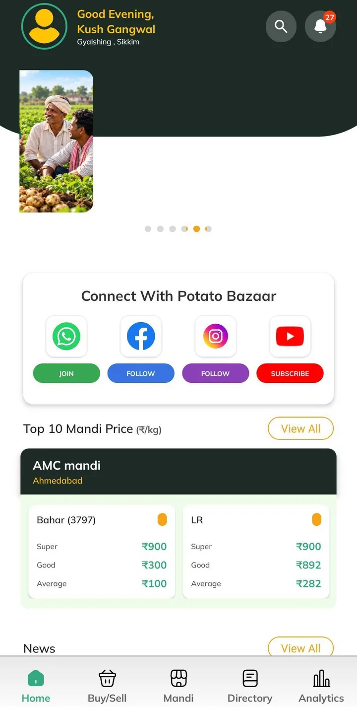 Potato Bazaar Android app home screen with the Top 10 Mandi Price list for AMC mandi, Ahmedabad